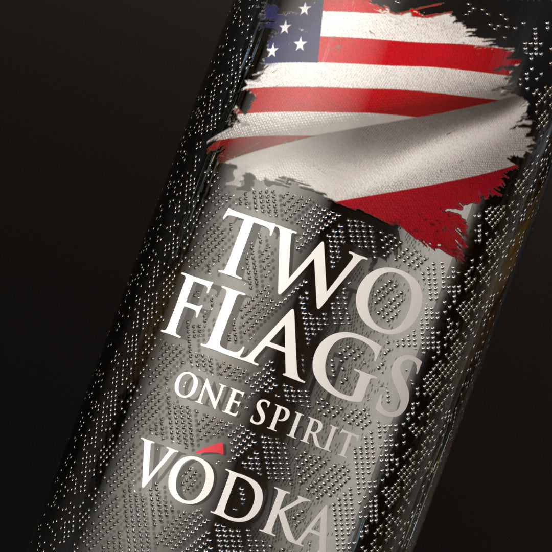 Bottle of Two Flags One Spirit Vodka featuring American flag design and premium branding. Ultra-Premium Organic Vodka
