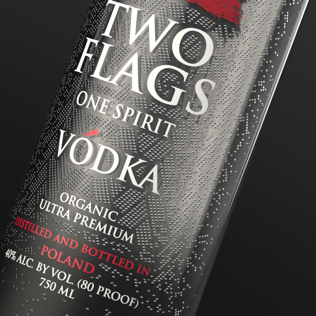 Two Flags™ organic ultra-premium Polish vodka bottle showcasing 750ml size and 40% alcohol content.