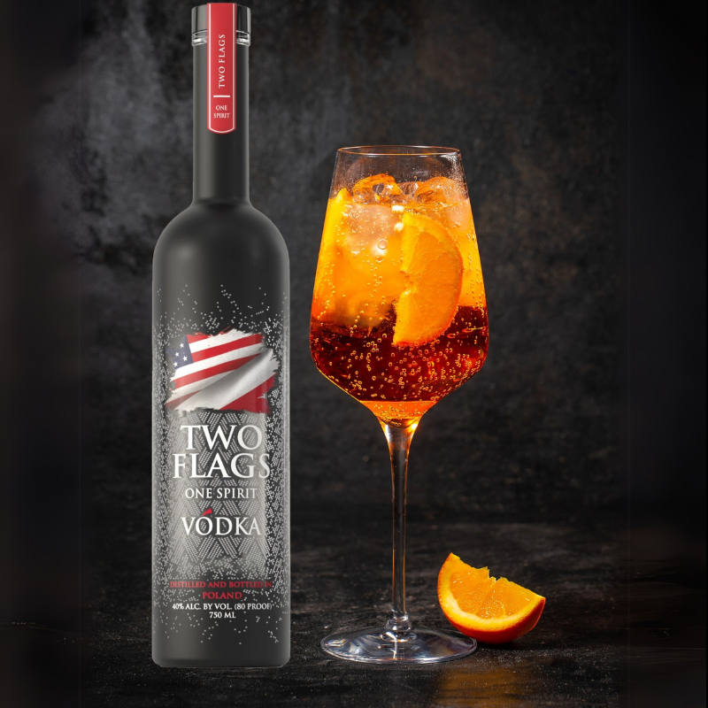 Two Flags Organic Ultra Premium Vodka with a Cocktail and orange slice